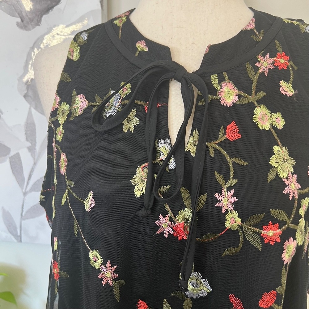 Black Embroidered Floral Mesh Top Tie Neck Dark Romantic Fairy Boho Whimsigoth - Picture 5 of 8